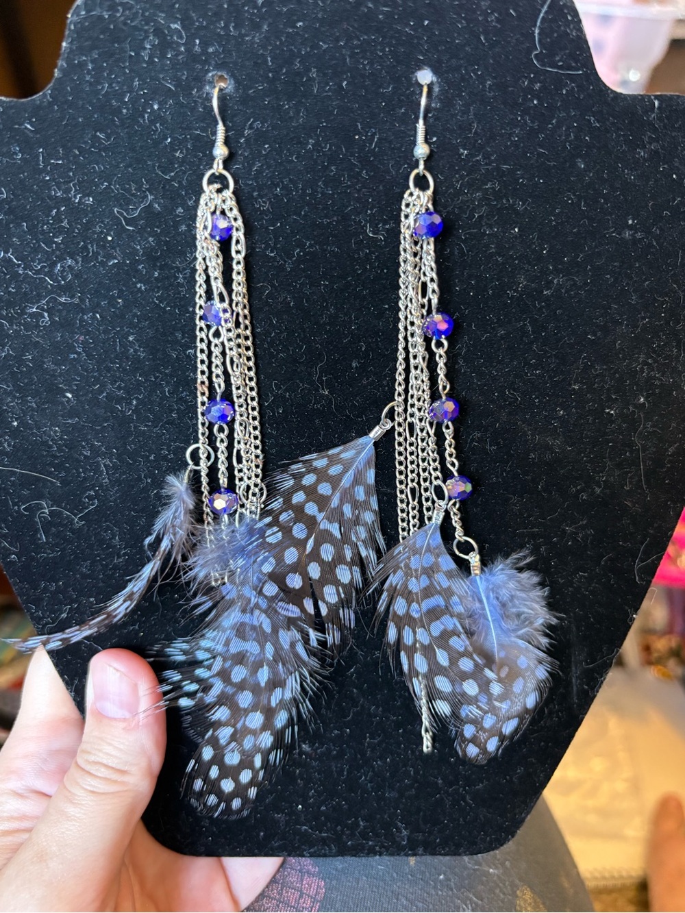 Boho Feather Chain Purple Bead Dangle Earrings